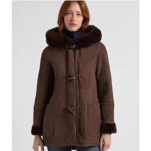 Bonz‎ Dulcie Hooded Lambskin Suede & Shearling Hooded Coat Brown/Black Size XL